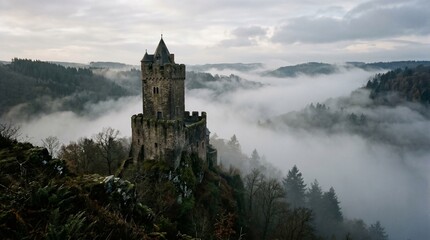 Naklejka premium Medieval castle tower above sea of fog and forest.