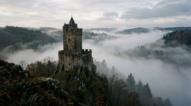 Medieval castle tower above sea of fog and forest.
