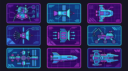 Set of 9 Flat Design Space Icons: Lunar Lander, Satellites, Spaceships, Rover, and Space Station, Neon Blue and Pink on Dark Background, Vector Illustration © Cica Studio