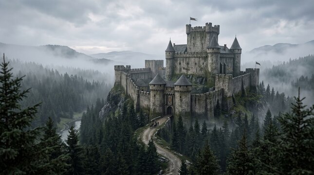 Misty Medieval Castle in Dense Forest Landscape.