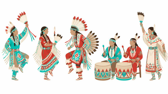 Native American dancers performing traditional cultural dance with feathered headdresses and ceremonial drums in vibrant colorful attire