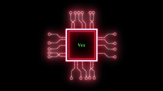 Vex text animated in cpu glowing neon light on black background in a seamless loop.