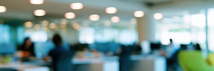 Obraz premium Blurred modern open office background with employees at desks and warm ceiling lights for corporate banner design and business wallpaper