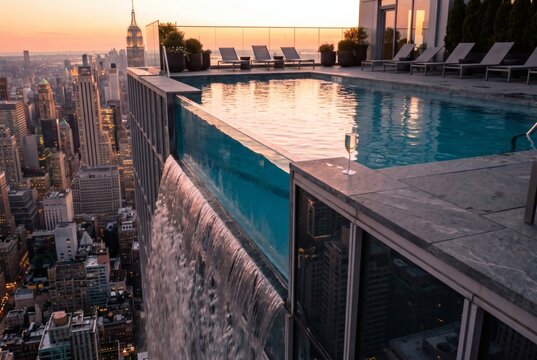 Infinity pool on skyscraper rooftop overlooking Manhattan skyline at sunset, luxury penthouse hospitality and travel concept