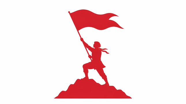 Silhouette of a person standing on mountain peak holding waving flag high above head with triumphant posture against plain white background