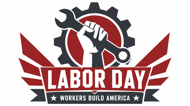 Labor Day celebration graphic featuring raised fist holding wrench against gear background with wings and slogan Workers Build America