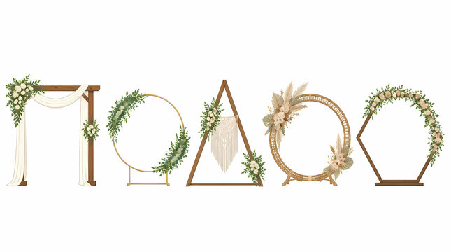Wedding Arch Decorations with Floral Arrangements and Wedding Ceremony Elements in Boho Style