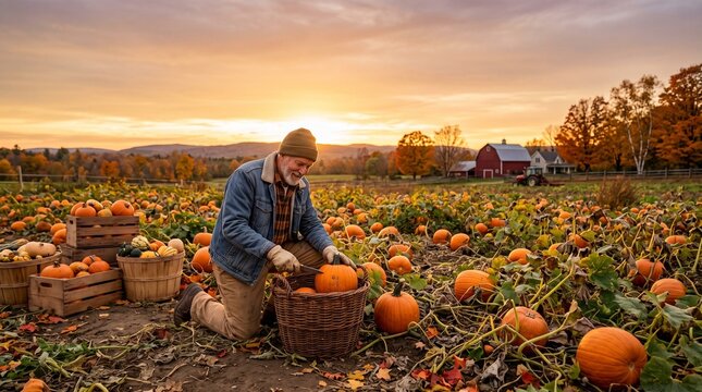 An experienced farmer diligently collects and stacks freshly picked orange pumpkins from a vast autumn field bathed in the warm glow of sunset, a serene harvest