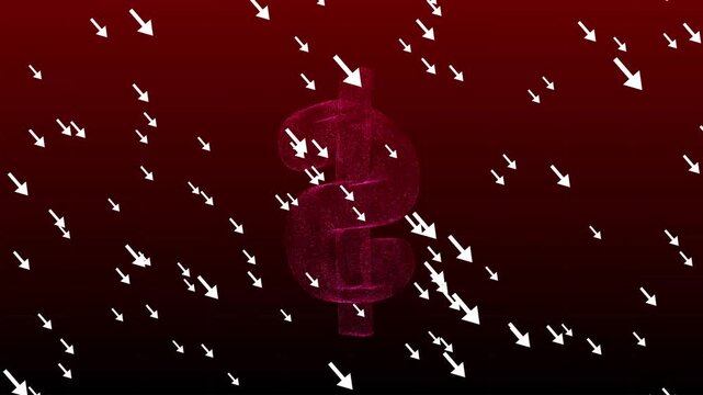 A 3D wireframe digital dollar sign rotating against a dark red grid background, surrounded by white arrows falling downward to represent financial drop, inflation, or market loss.