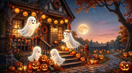 Fototapeta premium Enchanting Halloween Night Celebration Friendly Ghosts, Glowing Jack-o'-Lanterns, and Autumn Decorations Adorn a Cozy Home Under a Bright Full Moon