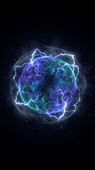 Naklejka premium Cosmic electric plasma sphere glowing with intense blue purple lightning energy abstract light effects