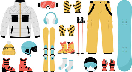 Winter Winter Sports Equipment Vector Set Featuring Skiing Gear, Snowboards, Puffer Jackets, Goggles, Helmets, Boots, and Warm Clothes for Alpine Mountain Resort Designs © Mifta