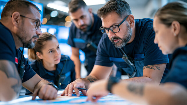Search and rescue team members of varied nationalities gathered around a map table in a busy urban operations center at dusk, radios crackling, determined expressions exchanged across the lit map su