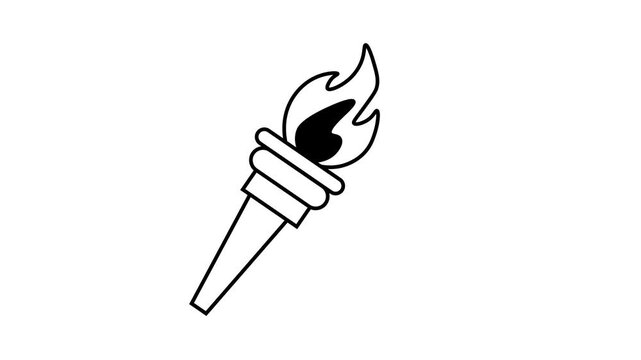A simple 2D line art animation against a white background featuring a tilted burning torch. The black-outlined torch handle and dark flame core remain stationary at a slight angle,