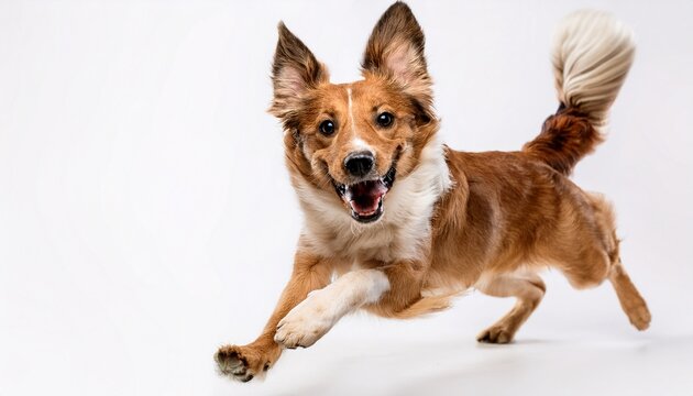 the dog run and wags its tail happily on a white background