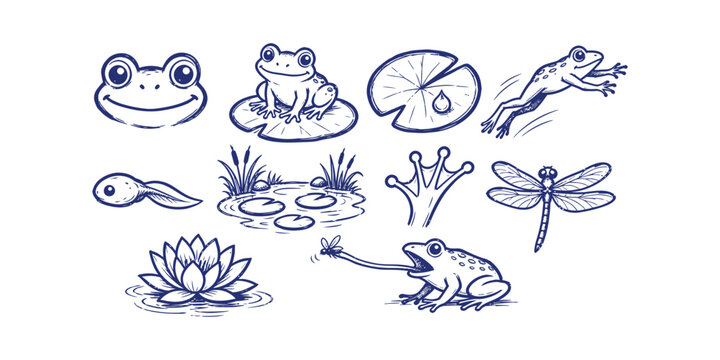 Cute pond frog doodle element set featuring lily pad tadpole lotus dragonfly and webbed foot, vector illustration