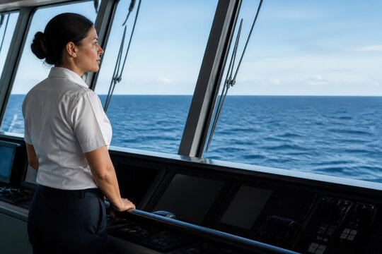 Ship bridge officer surveying open ocean