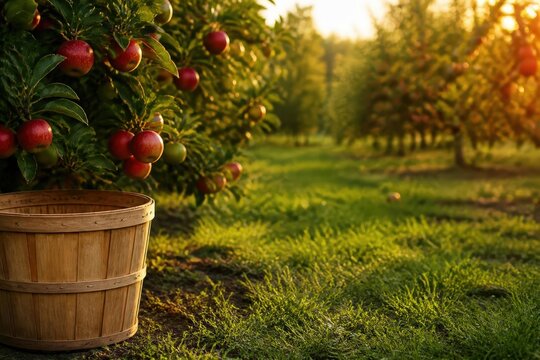 Sunlit apple orchard with wooden harvesting basket