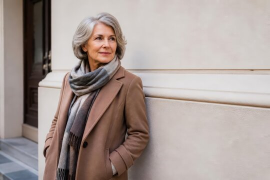 Senior woman in coat and scarf leaning on wall