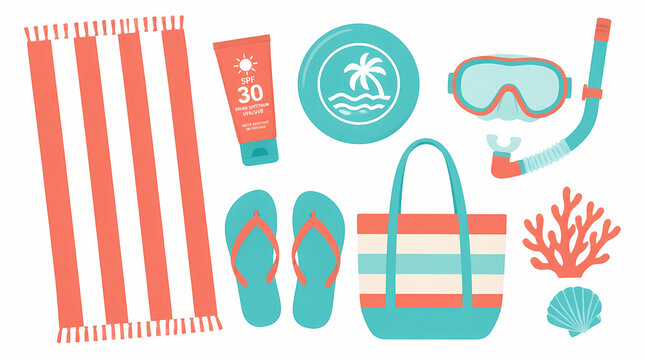 Beach essentials collection for summer vacation including towel sunscreen flip flops snorkel mask beach bag coral and seashell