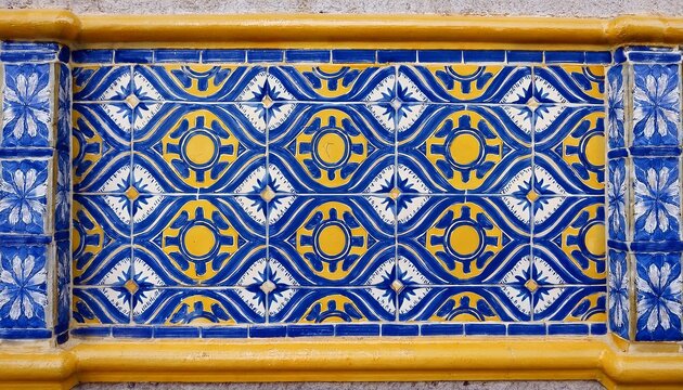 close up of vibrant blue and yellow patterned ceramic tile border