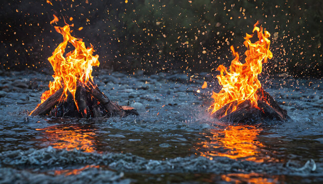 Twin Bonfires Burning in Shallow Stream Water