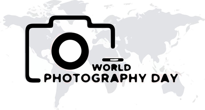 World photography day typographic badge with camera and world map background