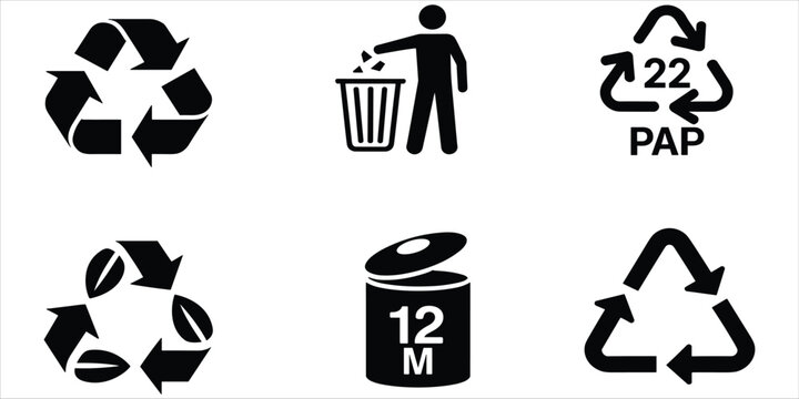 Six black silhouette featuring recycling symbols, a person discarding trash, and a product expiration symbol