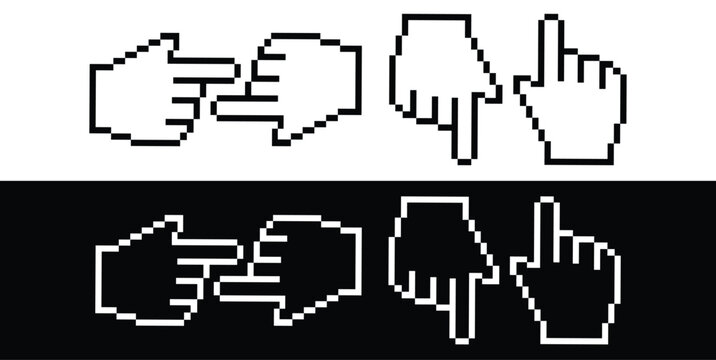 Black and white pixelated hand cursor symbols pointing in three