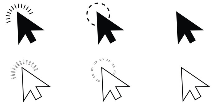 Black mouse cursor pointers on white background arrow hand