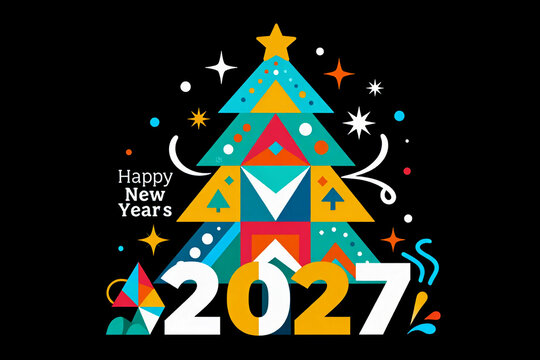 Abstract Geometric Modern Happy New Year 2027 Christmas Tree Celebration Banner