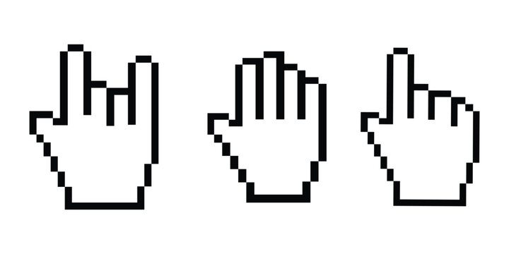 Pixelated hand pointing in different directions isolated