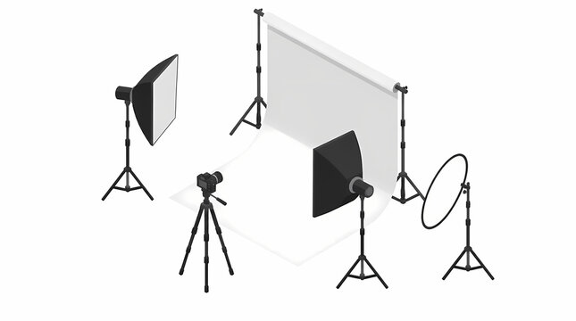 Photography studio setup with camera on tripod and professional lighting equipment including softboxes and reflector for controlled illumination