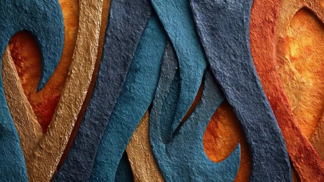 Abstract paper art with blue and orange layered textures in motion