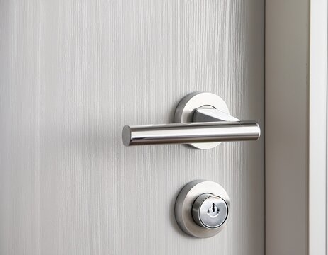 closed white door with silver metal door lever handle repair components fittings interior detail copy space close up