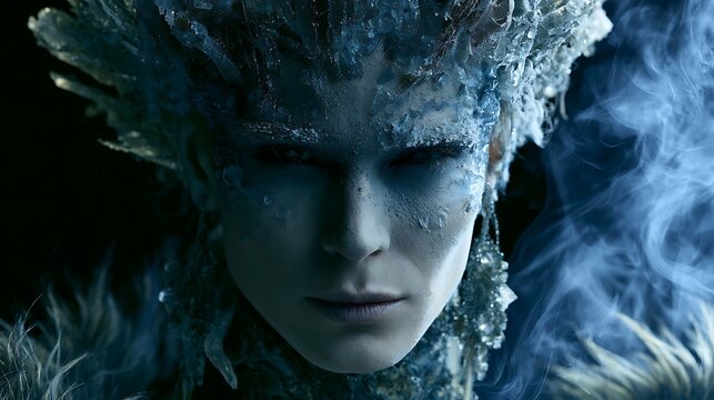 Prompt: A frosty, dark Renaissance portrait of a pale woman. Her crown and earrings are made of raw, smoky interstellar ice that constantly evaporates into fine, cold blue cosmic gas vapors 