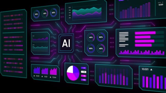 High tech AI interface panel featuring complex analytics data, bar charts, and circular indicator meters.