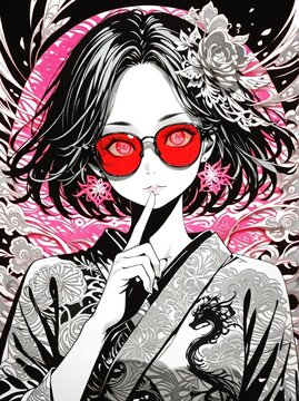 赤い眼鏡と着物のモダンな和風女性