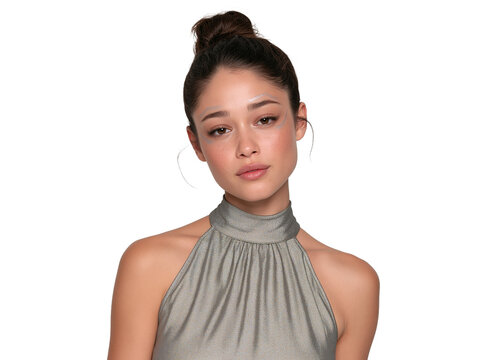 Young Woman with Futuristic Makeup and Silver Dress isolated on transparent or white background, png