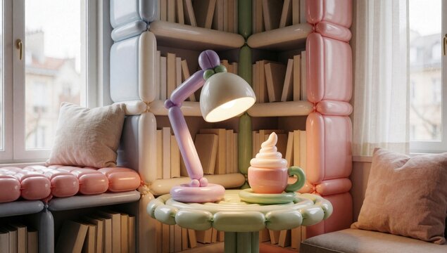 Cozy living room bookshelf background left side there pink armchair white cushion throw pillow next small roun