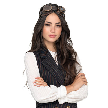 Confident Young Woman with Steampunk Goggles and Pinstripe Vest isolated on transparent or white background, png
