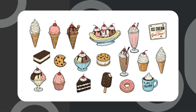 Hand Drawn Vintage Ice Cream and Dessert Vector Icon Collection Featuring Sundaes, Milkshakes, Popsicles, Cupcakes, Donuts, Cookies, Cakes and Sweet Treats
