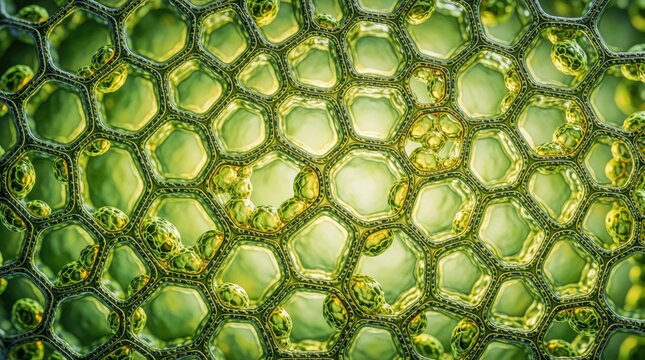 Close view of plant cells under microscope. Honeycomb structure shows green leaf tissue with membrane, nucleus. Botany research study molecular biology pattern. Microscopic science background nature