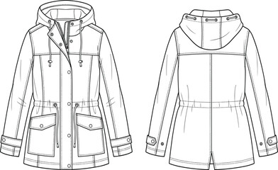Women hooded parka jacket flat sketch technical drawing fashion vector template front and back view © Mdjoshel 