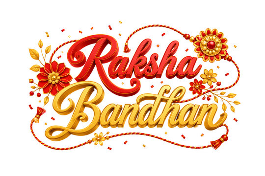 3D Raksha Bandhan typography text design in red Concept with traditional rakhi thread and floral accents for Indian festival greeting card.