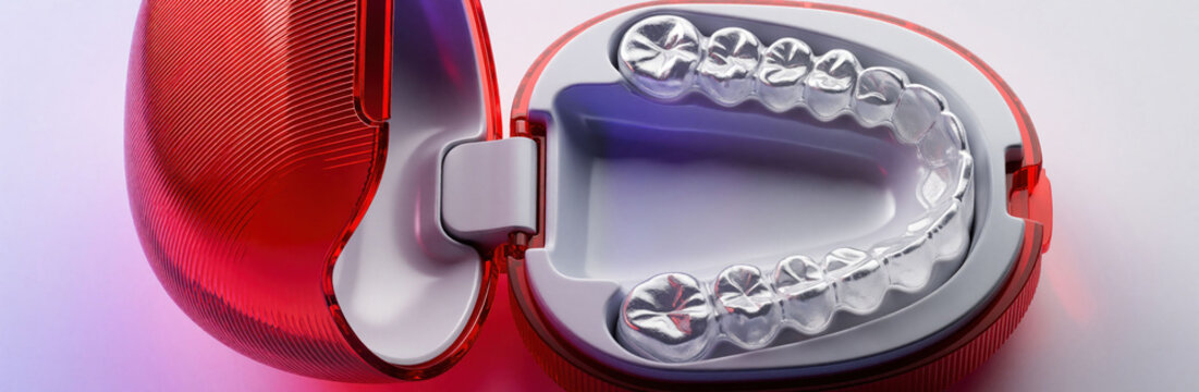 Transparent dental aligner rests inside red plastic case on white surface. Clear plastic teeth tray tool for orthodontic correction treatment helps straighten smile. Removable invisible retainer