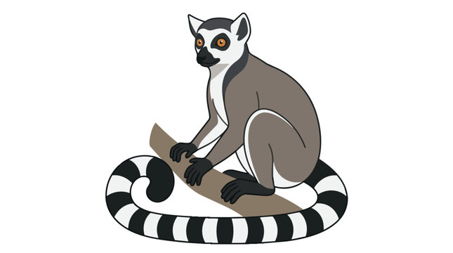 Cute Madagascar Ring Tailed Lemur Sitting on a Tree Branch Isolated on White Background Vector Illustration