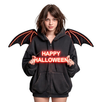 Young Woman with Bat Wings Hoodie Holding Neon Happy Halloween Sign isolated on transparent or white background, png