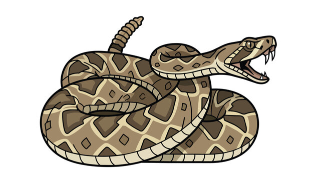 Dangerous Coiled Rattlesnake Vector Illustration with Sharp Fangs and Rattle for Wildlife or Mascot Graphics