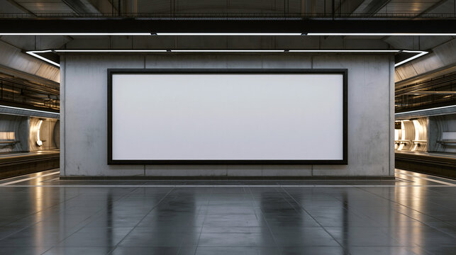 Blank Billboard in Modern Underground Subway Station